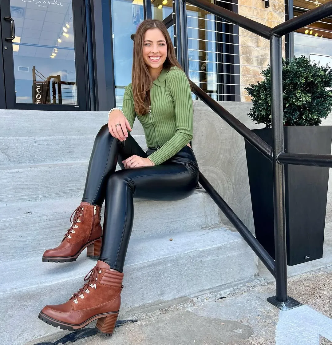 Green Knit Top + Black Leather Pants + Brown Heeled Combat Boots