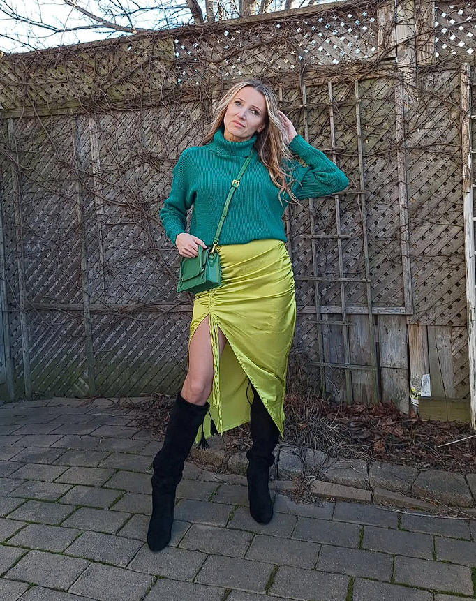 Green Turtleneck Sweater + Satin Side-Slit Skirt + Black Knee-High Boots