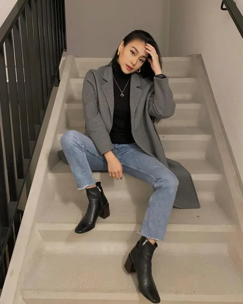 Grey Coat + Black Turtleneck + Cropped Denim + Ankle Boots