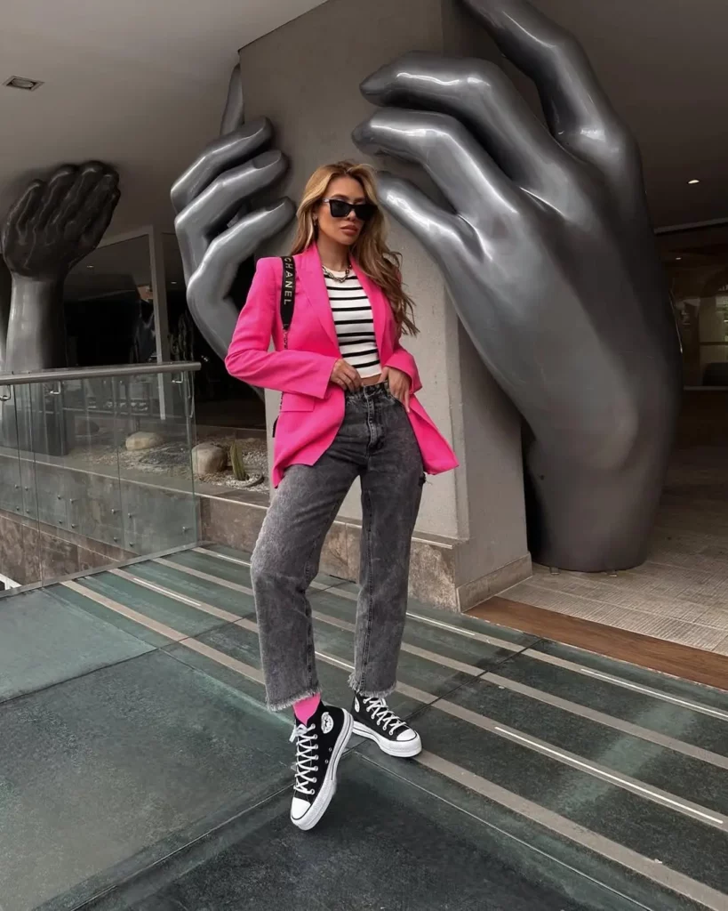 Hot Pink Blazer + Striped Crop Top + Grey Jeans + Converse