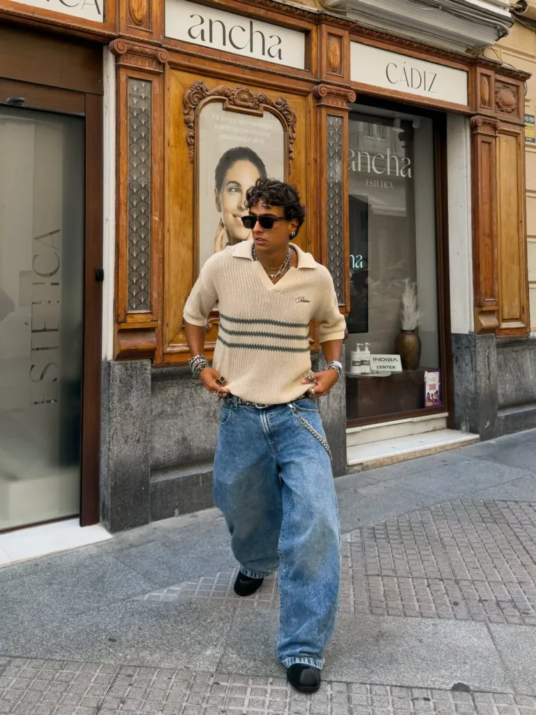 Knit Polo Shirt + Baggy Jeans + Chunky Black Boots