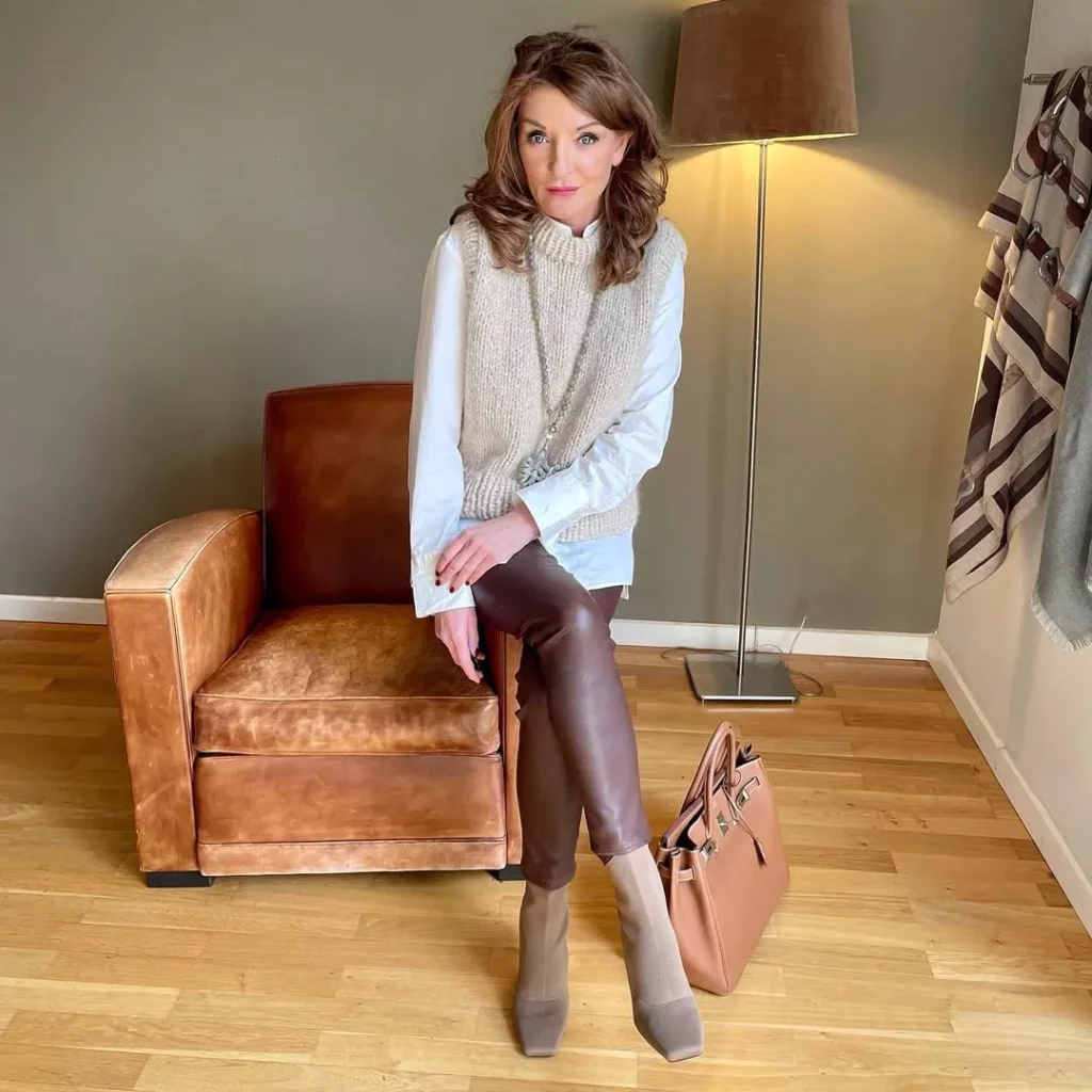 Knit Vest + Leather Leggings + Taupe Sock Boots