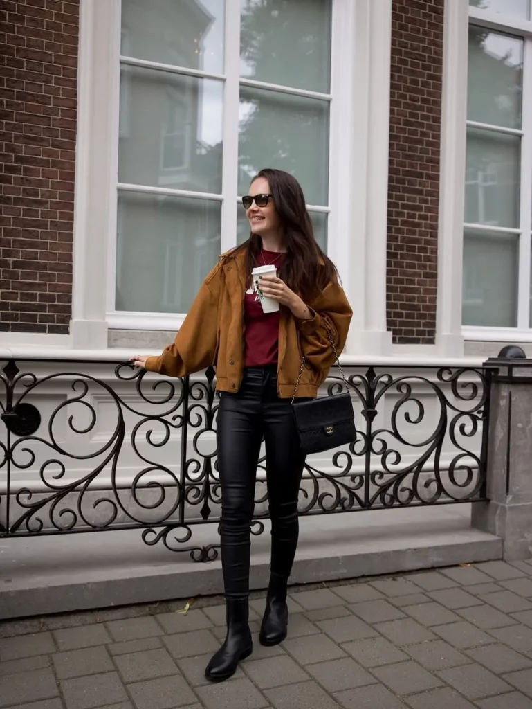 Leather Pants + Rust Jacket + Sleek Chelsea Boots