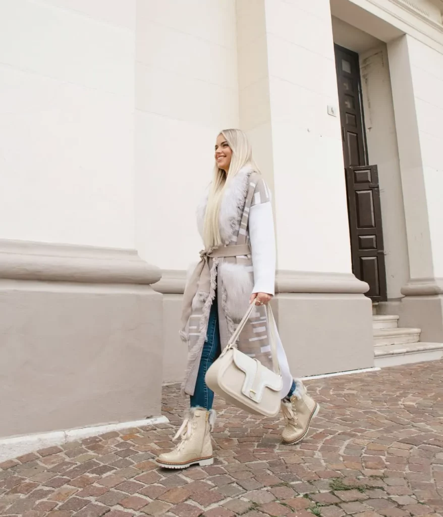 Long Coat + Skinny Jeans + Cream Combat-Style Ankle Boots