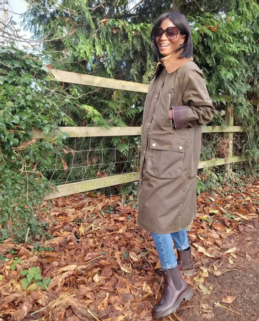 Long Utility Coat + Slim Blue Jeans + Brown Chelsea Boots