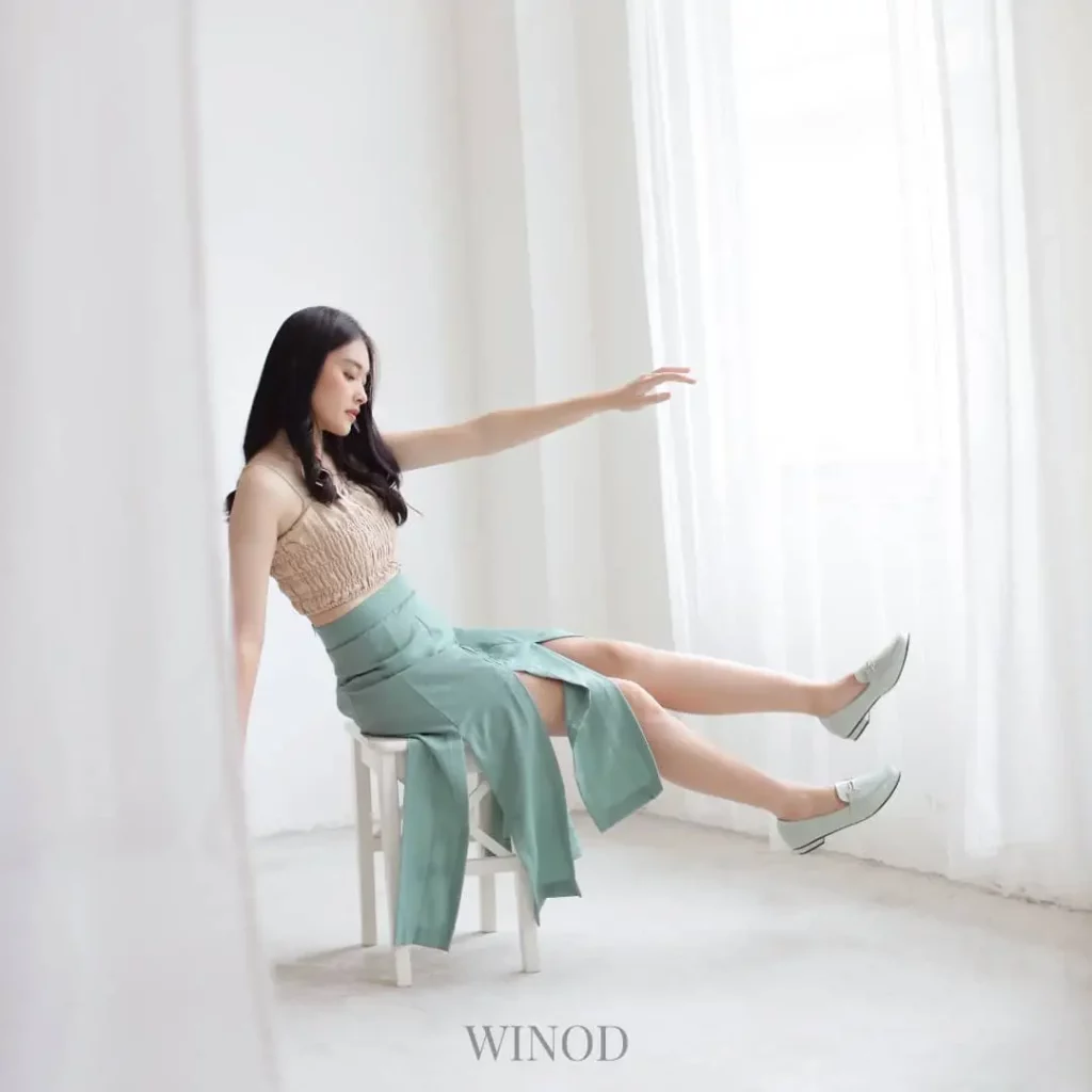 Mint Green Wrap Skirt + Beige Smocked Top + Mint Loafers