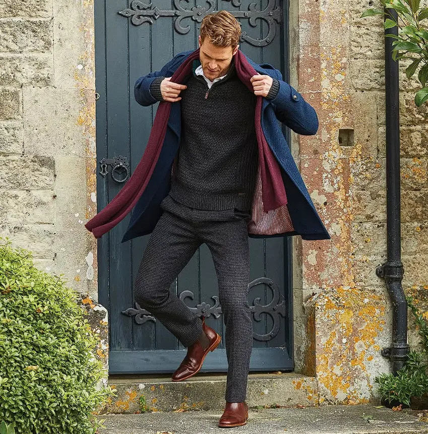 Navy Overcoat + Burgundy Scarf + Charcoal Knit Set + Brown Chelsea Boots