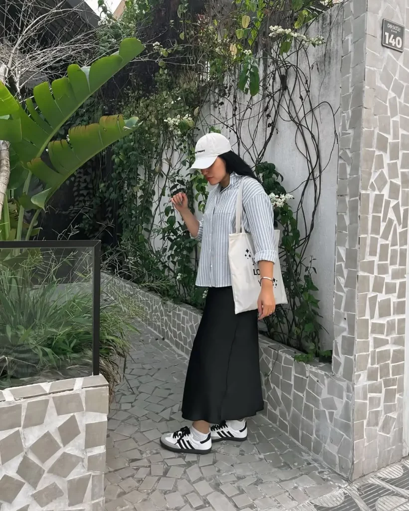 Striped Shirt + Black Midi Skirt + Adidas Sambas