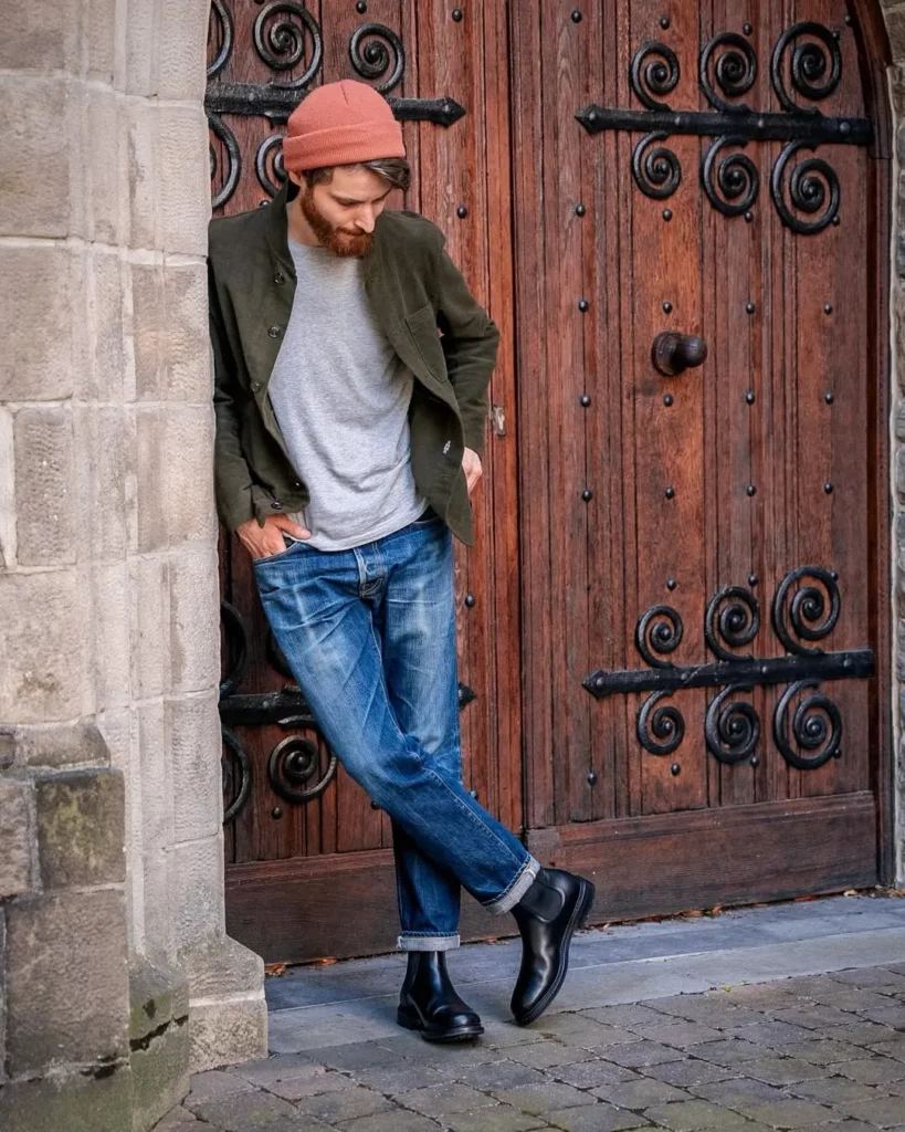 Olive Jacket + Grey Tee + Cuffed Jeans + Black Chelsea Boots