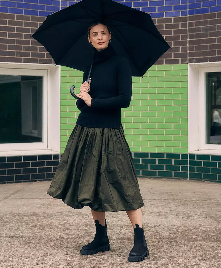 Olive Midi Skirt + Black Turtleneck + Chunky Combat Boots