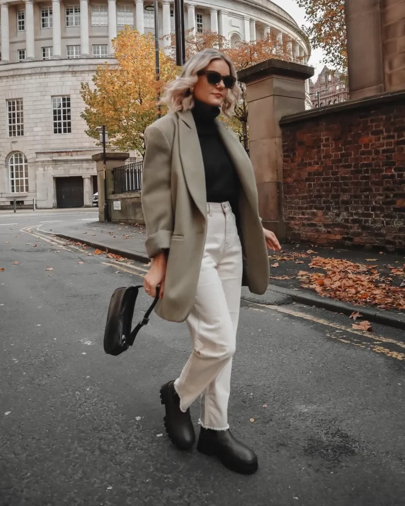 Olive Oversized Blazer + White Jeans + Black Chunky Ankle Boots