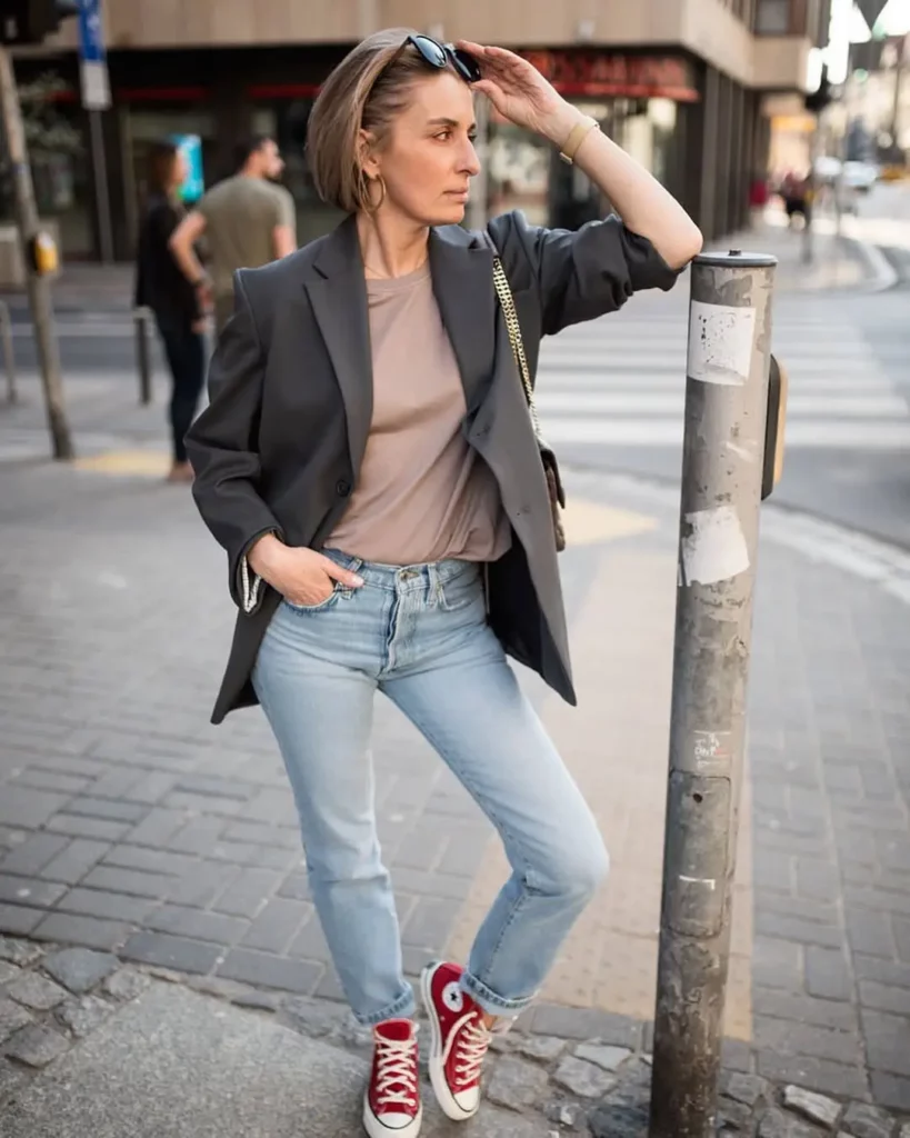 Oversized Blazer + Neutral Tee + Light Wash Jeans + Red Converse