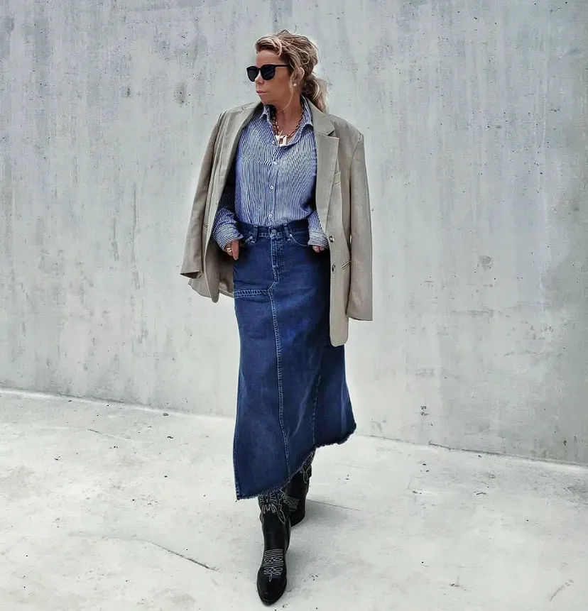 Oversized Blazer + Striped Shirt + Denim Maxi Skirt + Embroidered Cowboy Boots