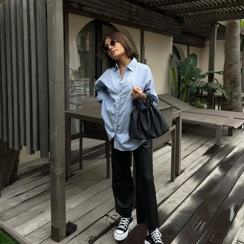 Oversized Blue Shirt + Black Trousers + Platform Converse