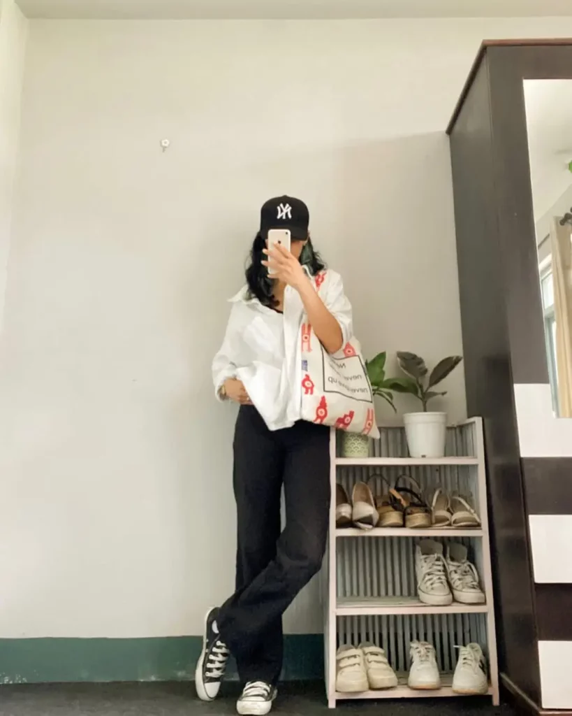 Oversized Button-Up + Trousers + Converse