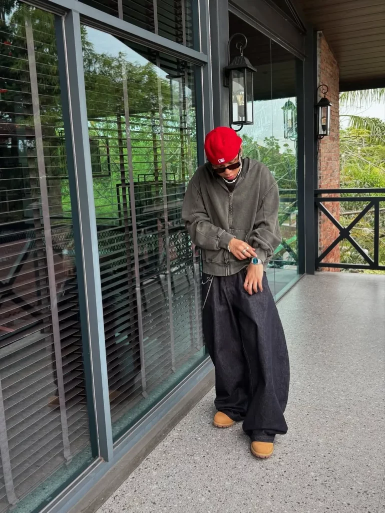 Oversized Denim with Hoodie and Timberland Boots