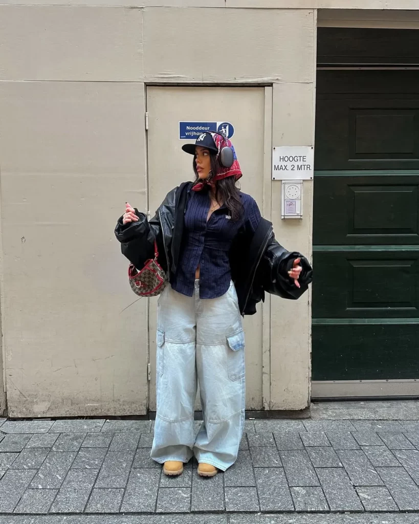 Oversized Leather Jacket + Navy Button-Up + Light Wash Baggy Jeans + Timberland Boots