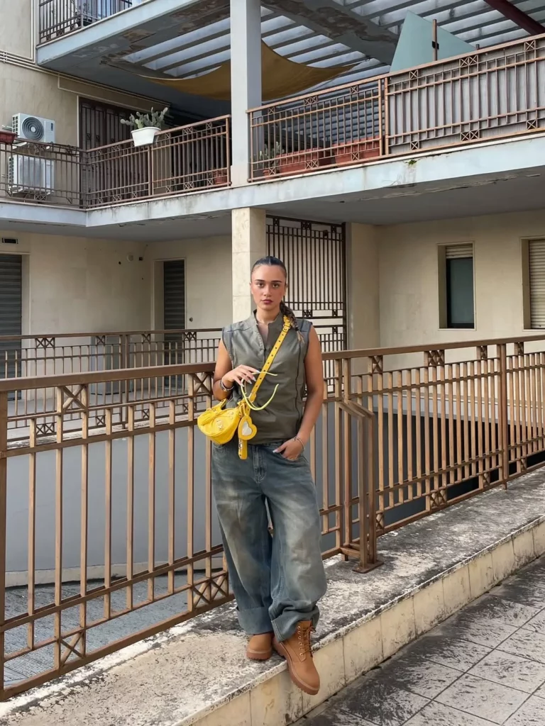 Oversized Leather Jacket + Navy Button-Up + Light Wash Baggy Jeans + Timberland Boots