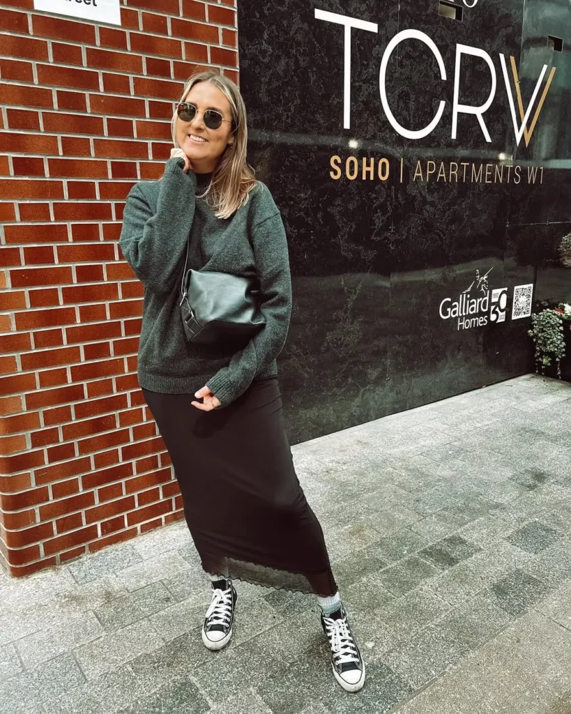 Oversized Sweater + Slip Skirt + Black Converse