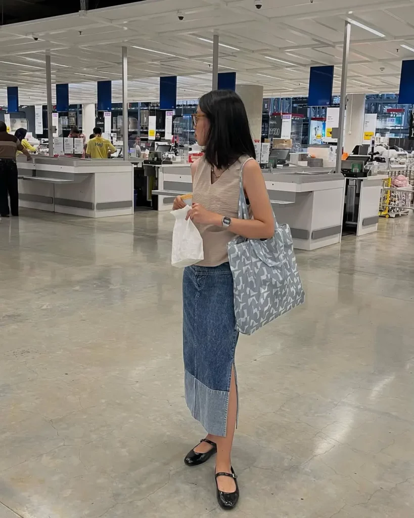 Patchwork Denim Midi Skirt + Neutral Tank + Black Mary Jane Flats