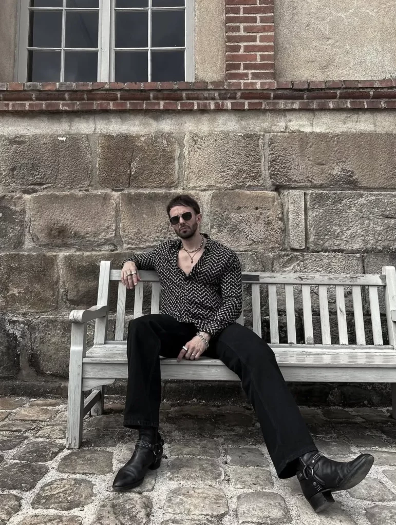 Patterned Shirt + Black Pants + Harness Boots