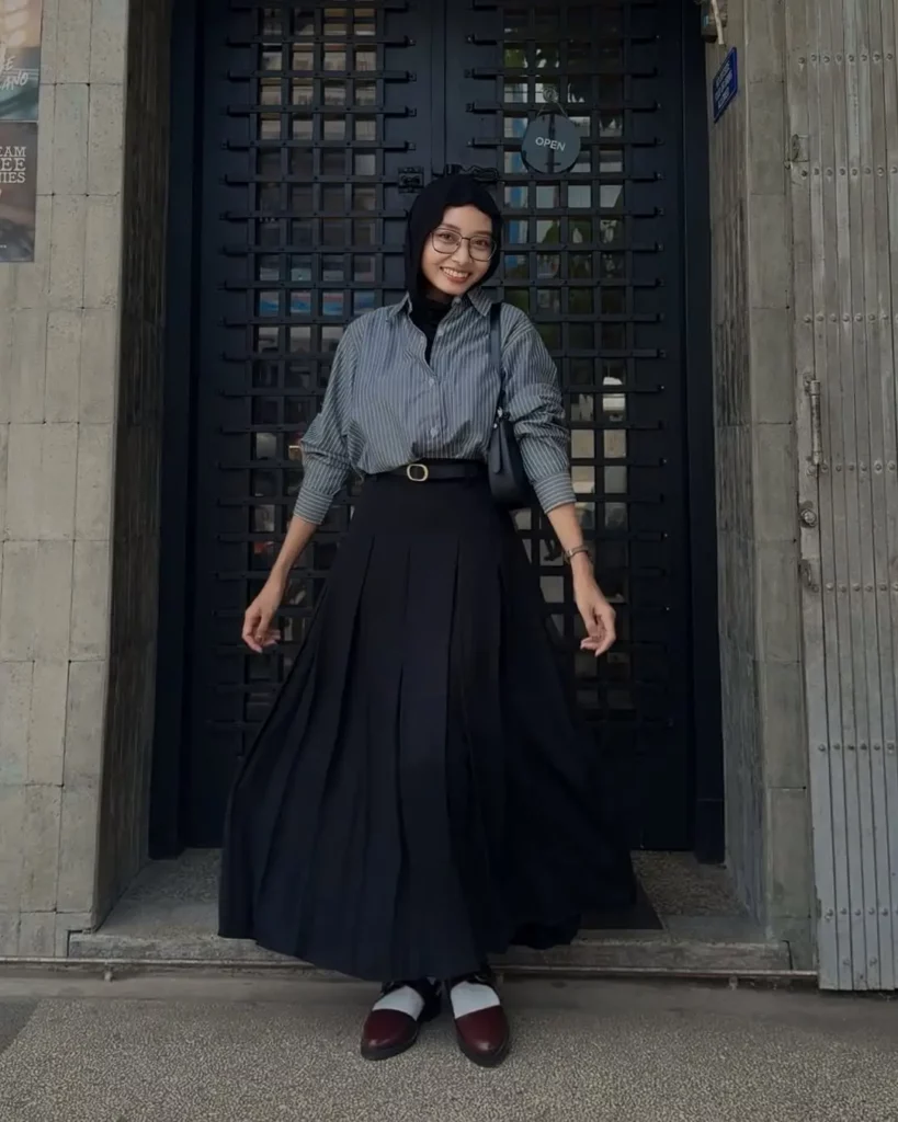 Pleated Black Maxi Skirt + Striped Shirt + Two-Tone Flats