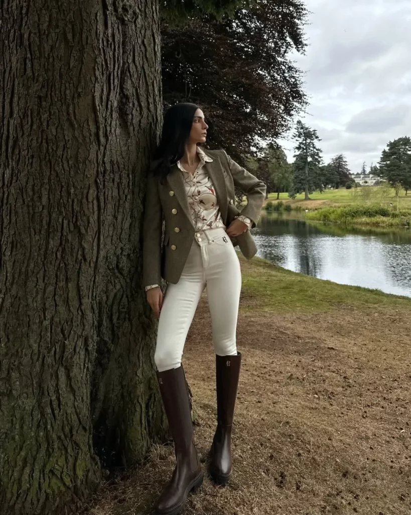 Printed Blouse + Structured Blazer + White Skinny Jeans + Brown Riding Boots