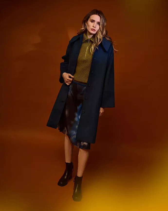 Printed Slip Skirt + Half-Zip Sweater + Black Ankle Boots