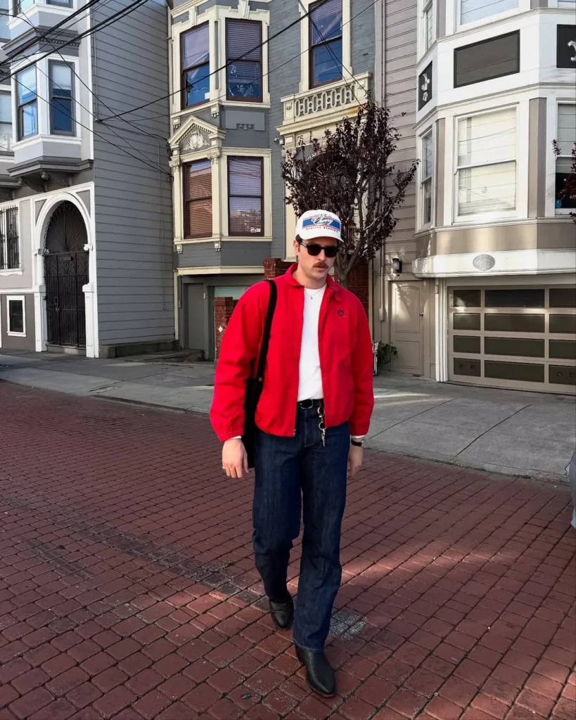 Red Bomber Jacket + Straight-Leg Jeans + Black Boots