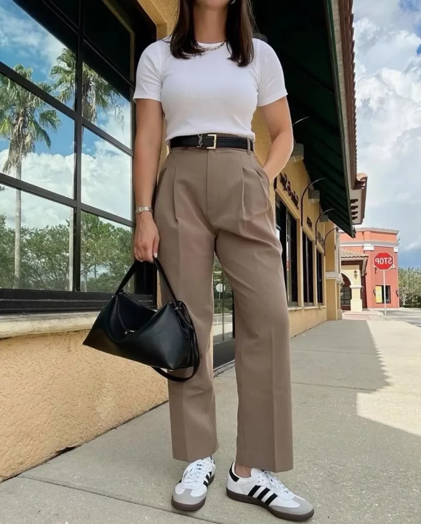 White Tee + Taupe Trousers + Adidas Sambas