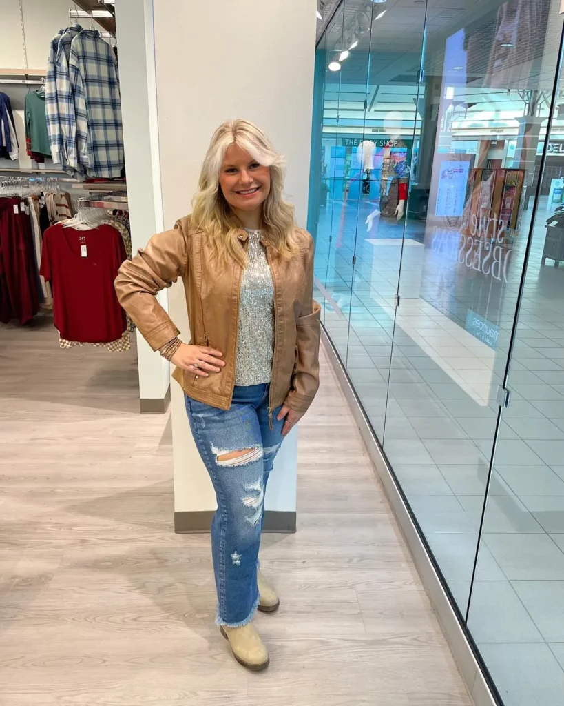 Sequin Top + Distressed Jeans + Tan Ankle Boots