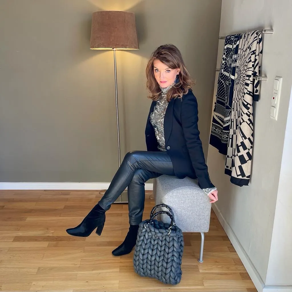 Sequin Turtleneck + Leather Leggings + Black Heeled Ankle Boots