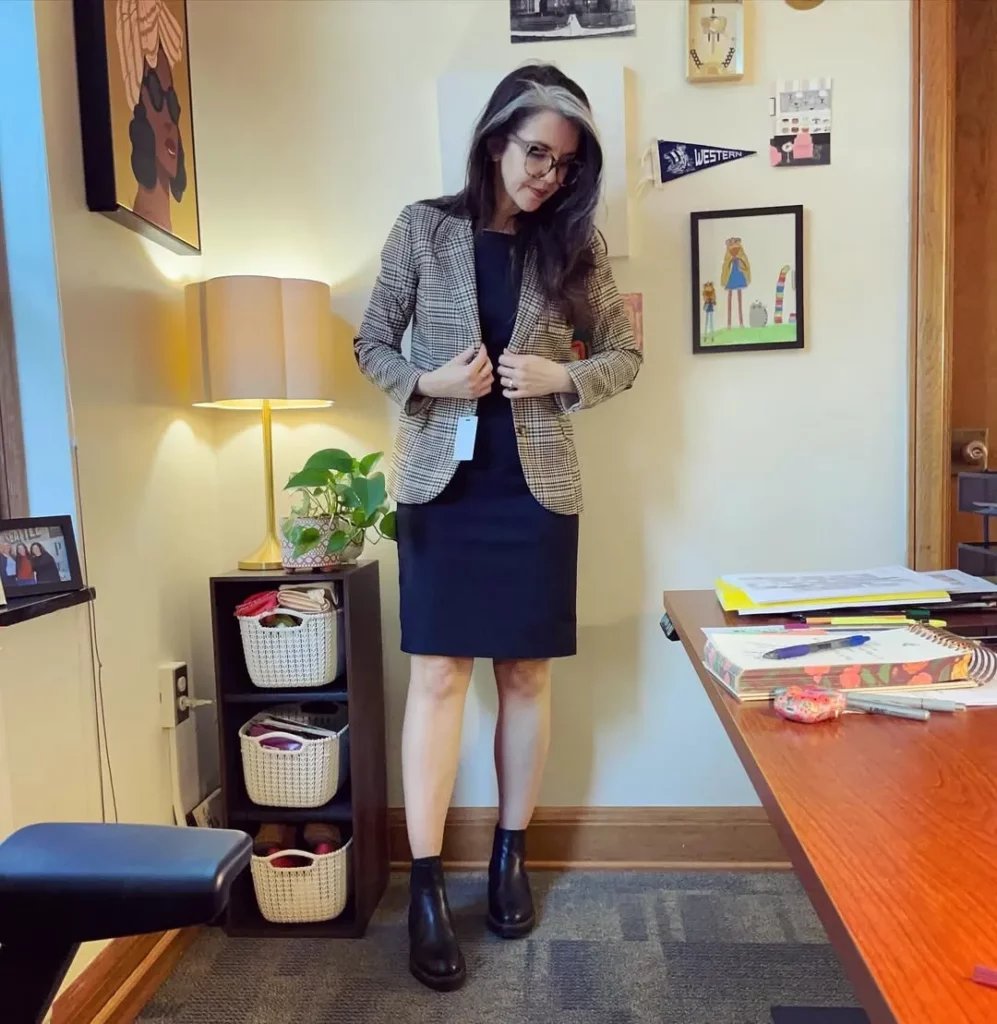 Shift Dress + Checked Blazer + Classic Chelsea Boots