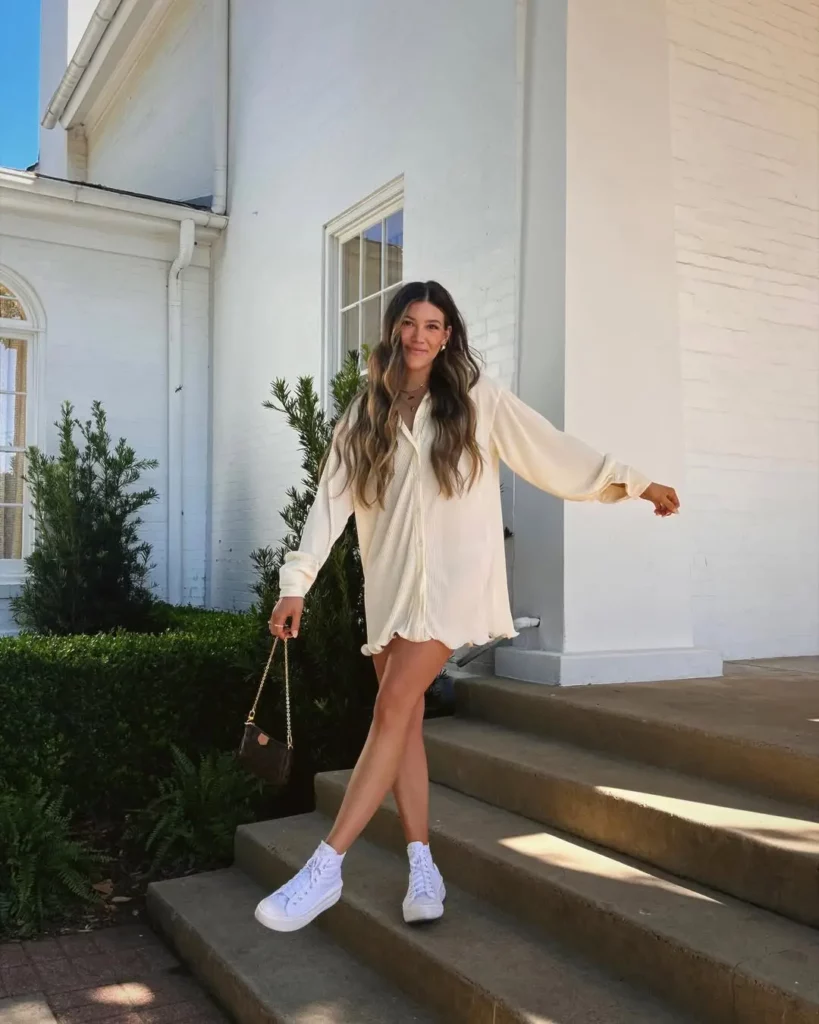 Shirt Dress + White High-Top Converse
