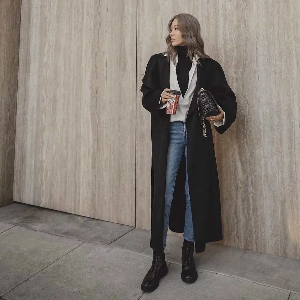 Straight-Leg Jeans + Layered Blazer + Long Coat + Classic Combat Boots