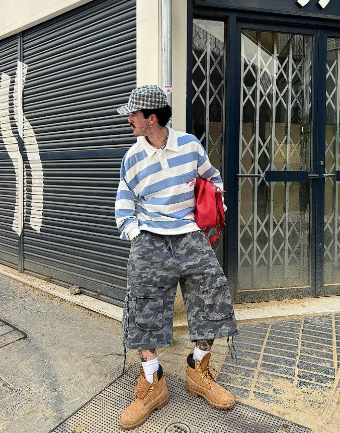 Striped Rugby Shirt with Camo Shorts and Timberland Boots