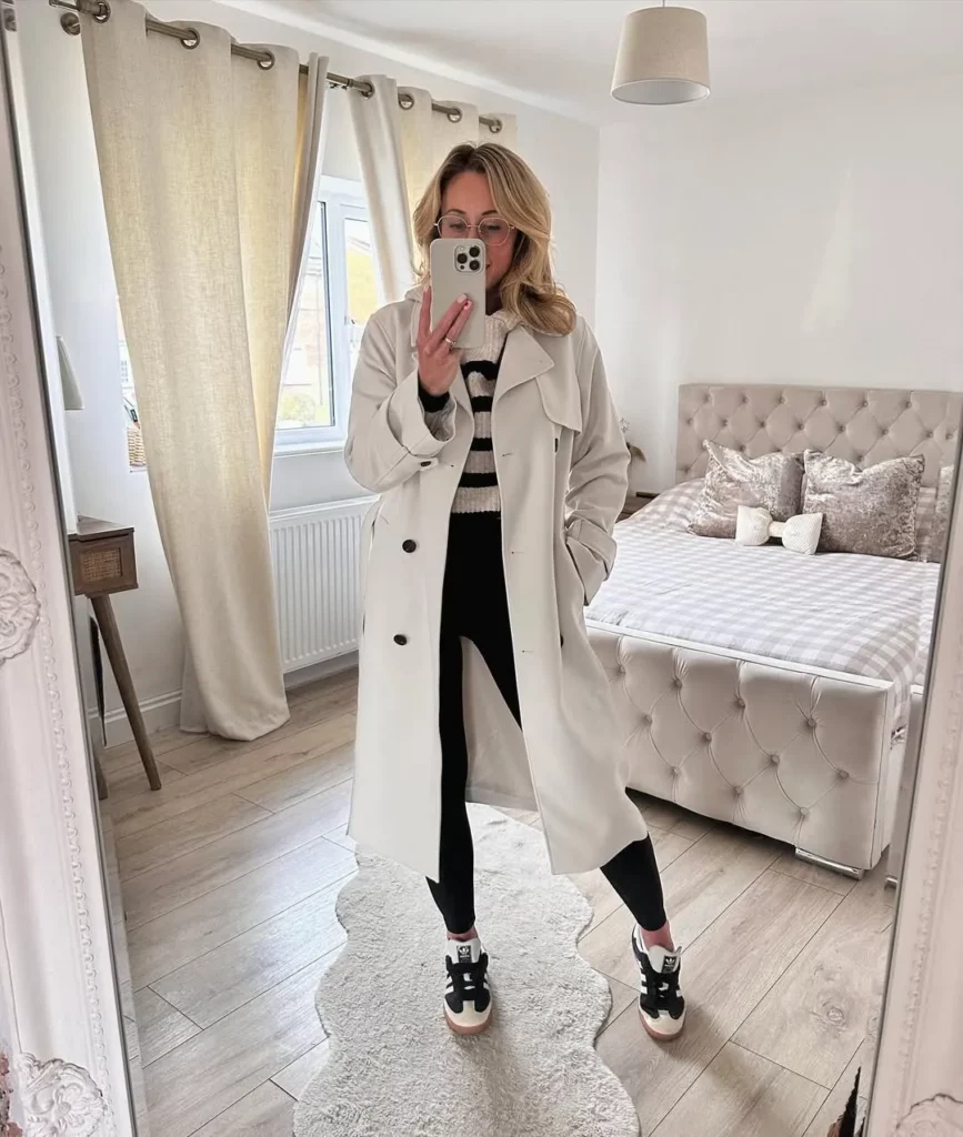 Striped Sweater + Trench Coat + Black Sambas