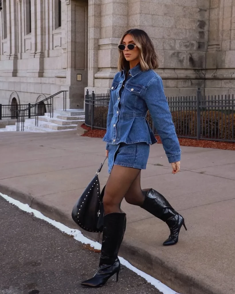 Structured Denim Jacket + Denim Mini Skirt + Black Stiletto Boots