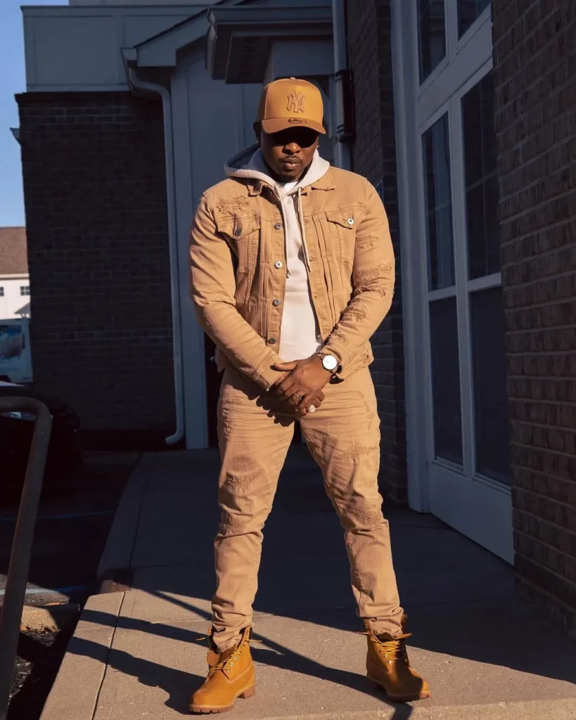 Tan Denim Set with Timberland Boots