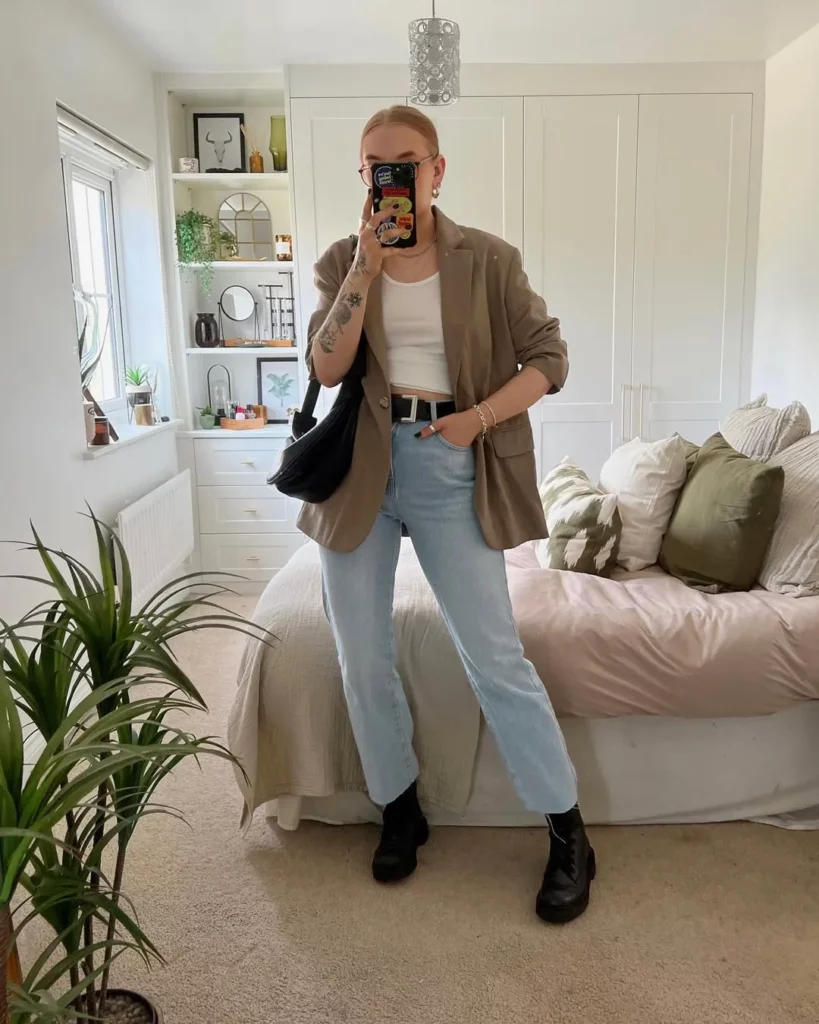 Taupe Blazer + White Tank Top + Light-Wash Jeans + Black Combat Boots