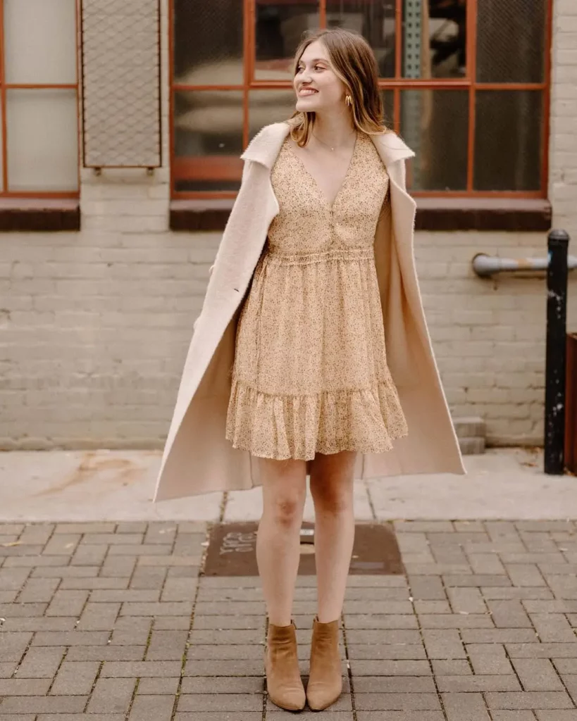 Flowy Floral Dress + Long Coat + Ankle Boots