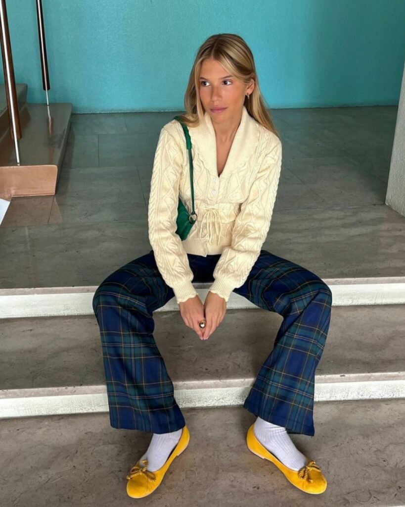 Knit Sweater + Plaid Pants + Yellow Ballet Flats