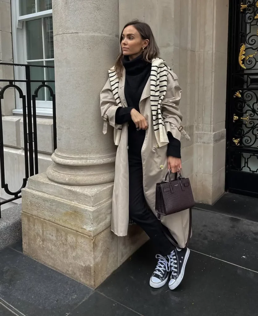 Trench Coat + Black Turtleneck + Straight Jeans + Black High-Top Converse