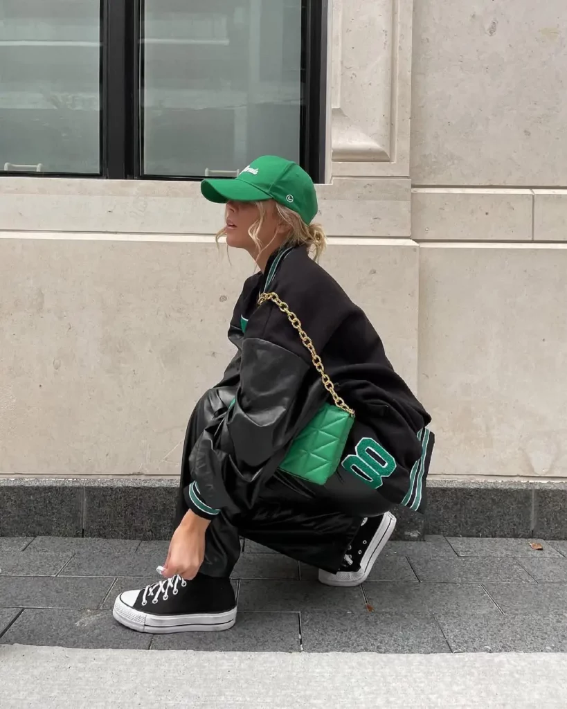 Varsity Jacket + Faux Leather Pants + Platform Converse