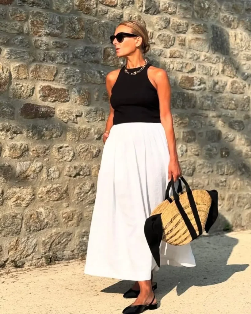 White A-Line Skirt + Black Tank Top + Black Slingback Flats