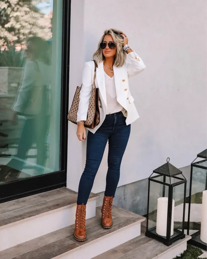 White Double-Breasted Blazer + Dark Skinny Jeans + Tan Lace-Up Ankle Boots