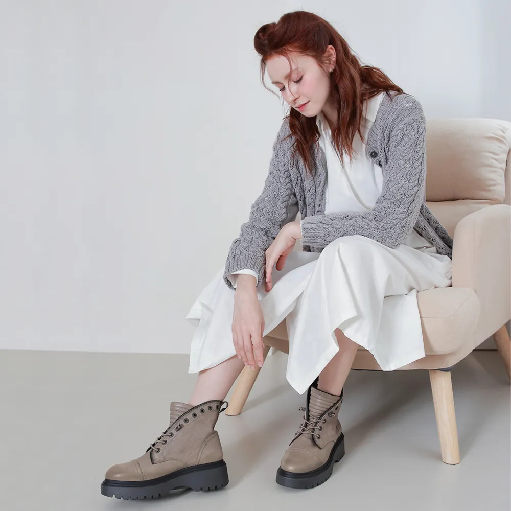 White Midi Dress + Textured Cardigan + Taupe Platform Combat Boots