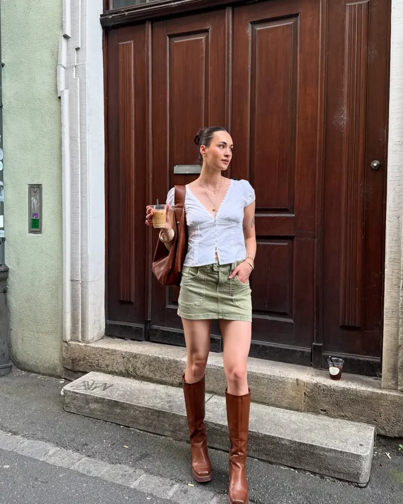 White Puff-Sleeve Top + Olive Green Denim Mini Skirt + Brown Knee-High Boots