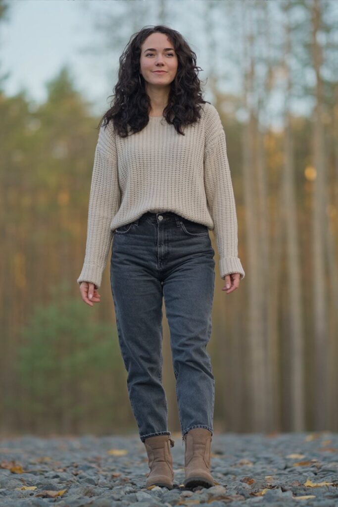 full-body realistic woman standing, wearing cream sweater, dark-wash jeans, and brown ankle boots, simple casual fall outfit, natural proportions, full outfit visible.