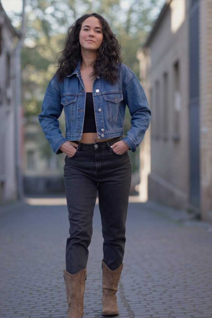 woman in cropped jacket, high-waist jeans, and western boots, full-body outfit, relaxed casual style.